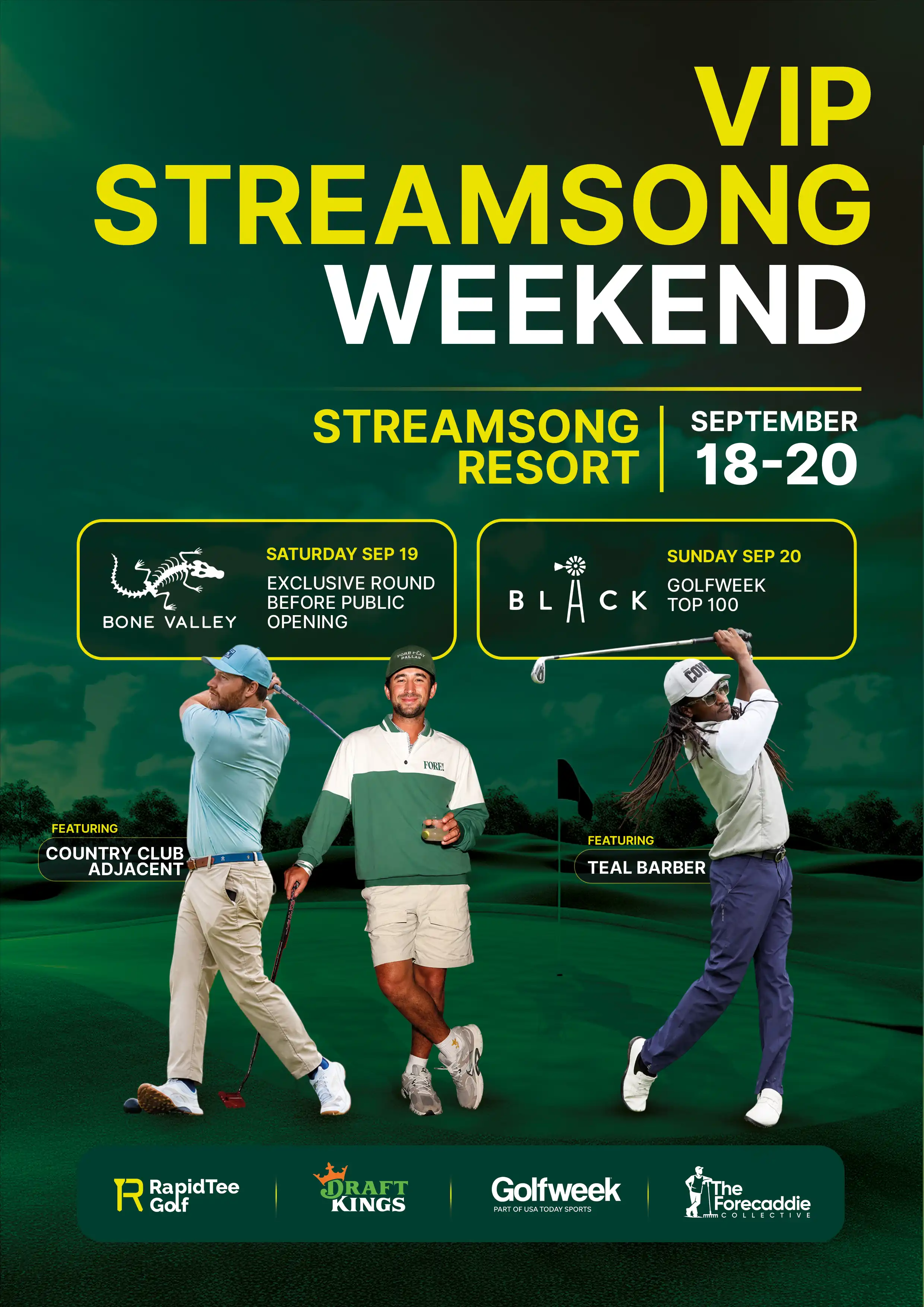 VIP Streamsong Weekend: Bone Valley on Saturday September 19 and Streamsong Black on Sunday September 20, featuring Country Club Adjacent and Teal Barber.